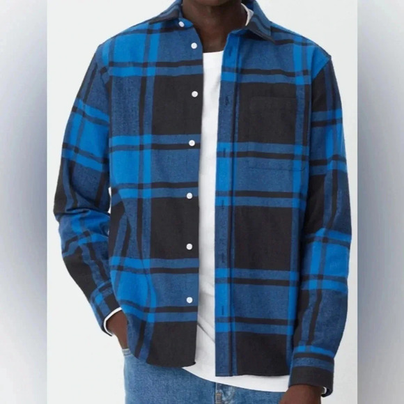 NWT LES DEUX Jeremy Plaid Flannel Button-Up Shirt in Black/Paris Blue Medium - Picture 1 of 8